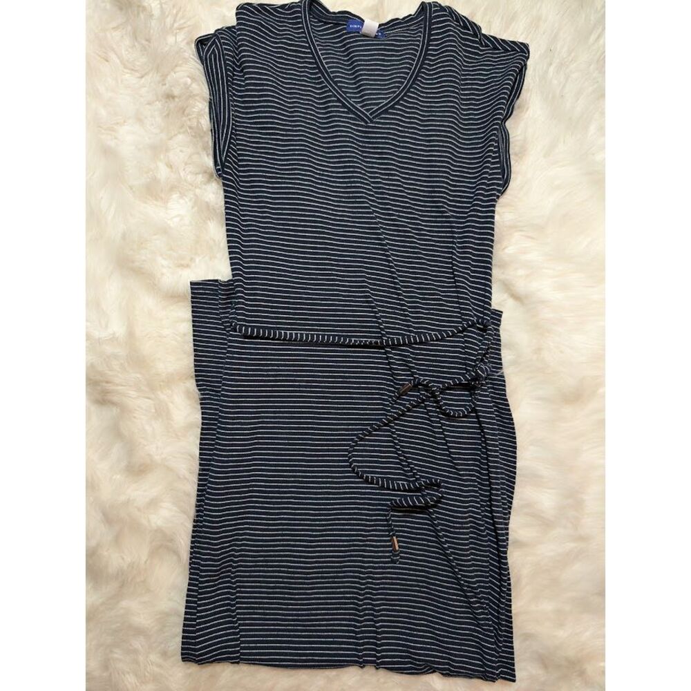 Navy Blue Striped Casual Dress with Tie Waist Detail‎ Sleeveless V-Neck Sz L
